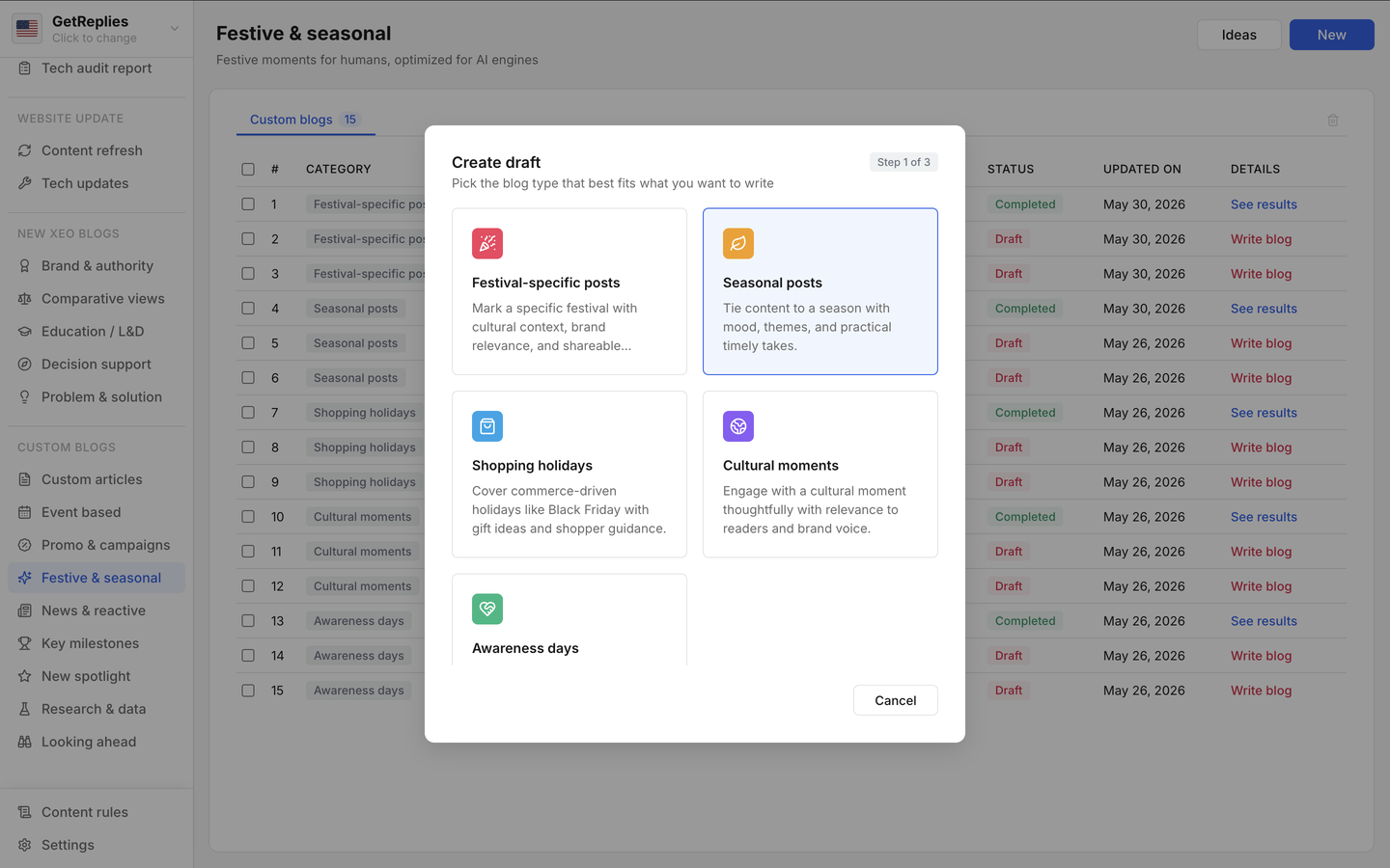 Seasonal posts product snapshot.
